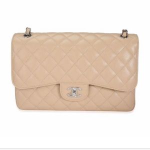 Chanel authentic double flap jumbo bag. Silver hardware beige Clair